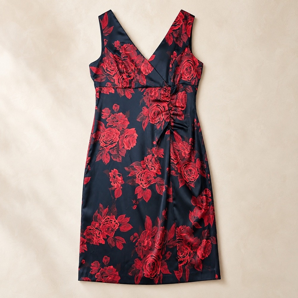 Donna Rico Black Floral Sheath Cocktail Dress Satin 14 90's Glam Gothic Romance